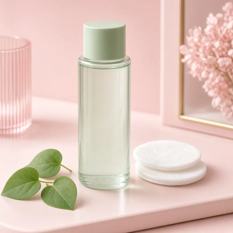 Illustration of a clear bottle of soothing toner with a mint green cap, beside cotton pads