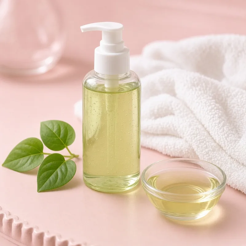 Illustration of a clear pump bottle of pale yellow cleansing oil beside a towel and leaves