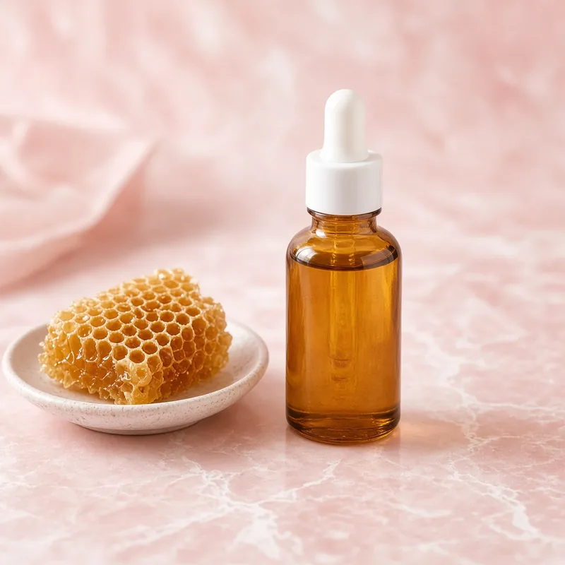 Illustration of an amber glass dropper bottle of propolis serum beside a piece of honeycomb