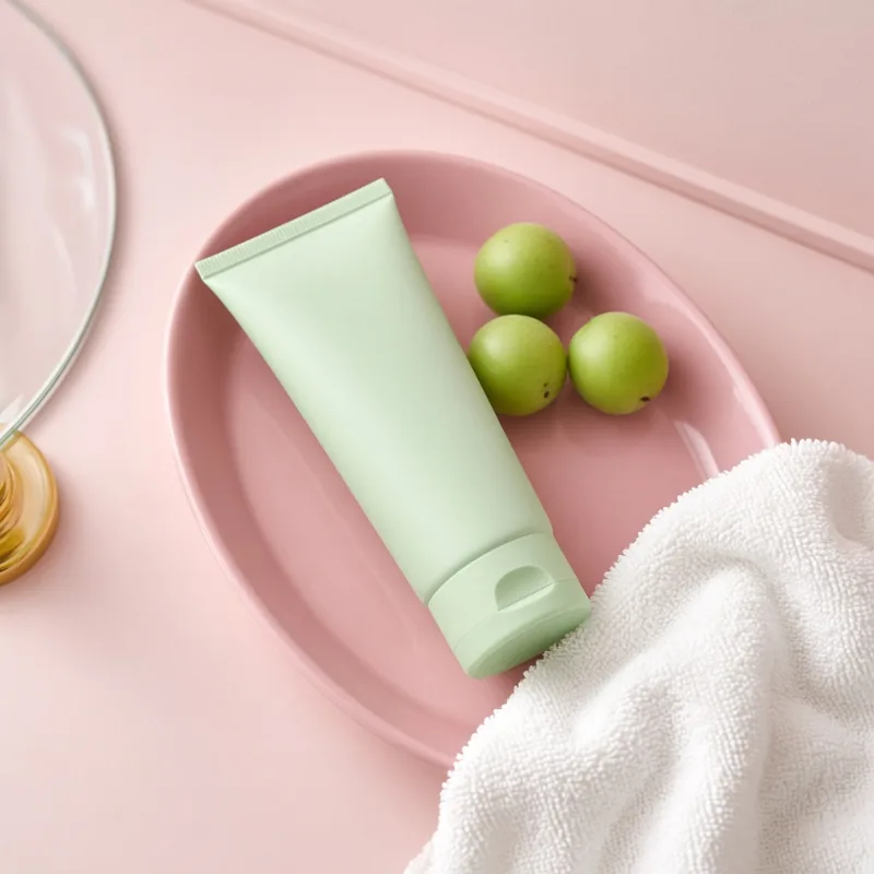 Illustration of a light green tube of gel face cleanser on a pink dish with green plums