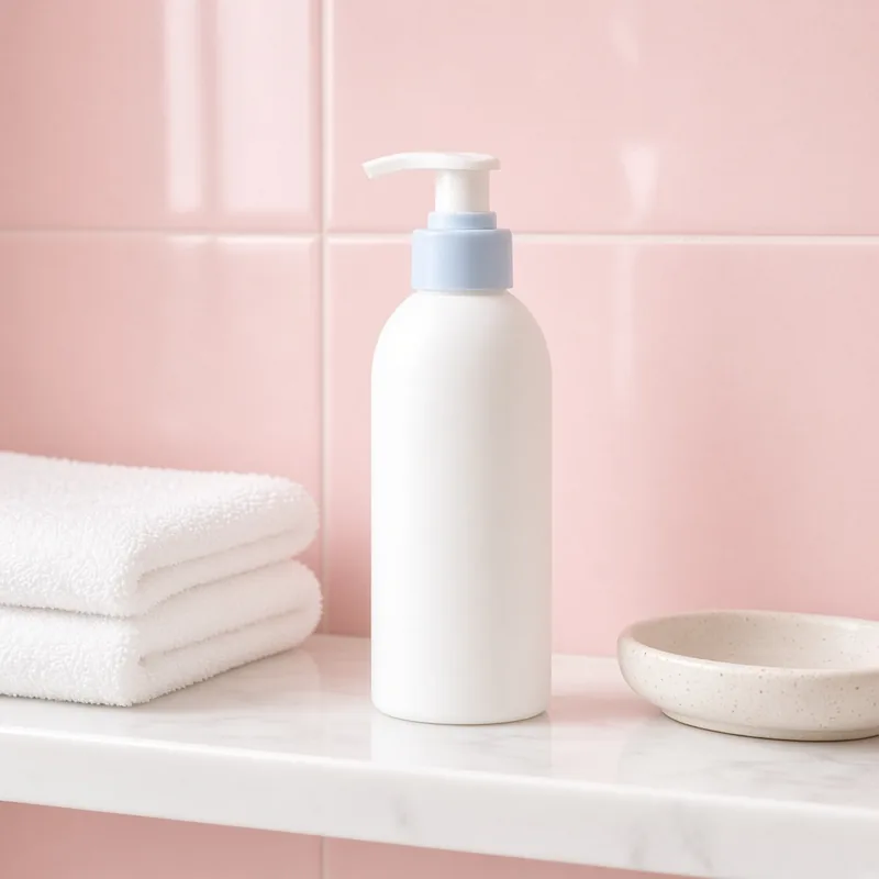 Illustration of a white pump bottle of hydrating cream cleanser with a blue collar, beside folded towels