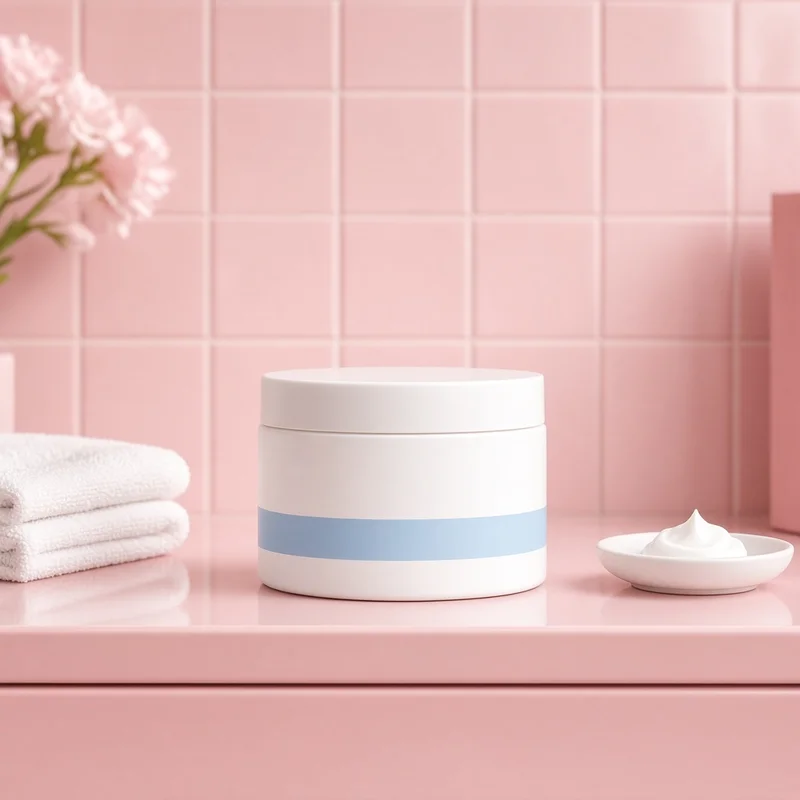 Illustration of a white moisturizing cream tub with a soft blue band on a blush pink vanity beside a folded towel and a dish of cream