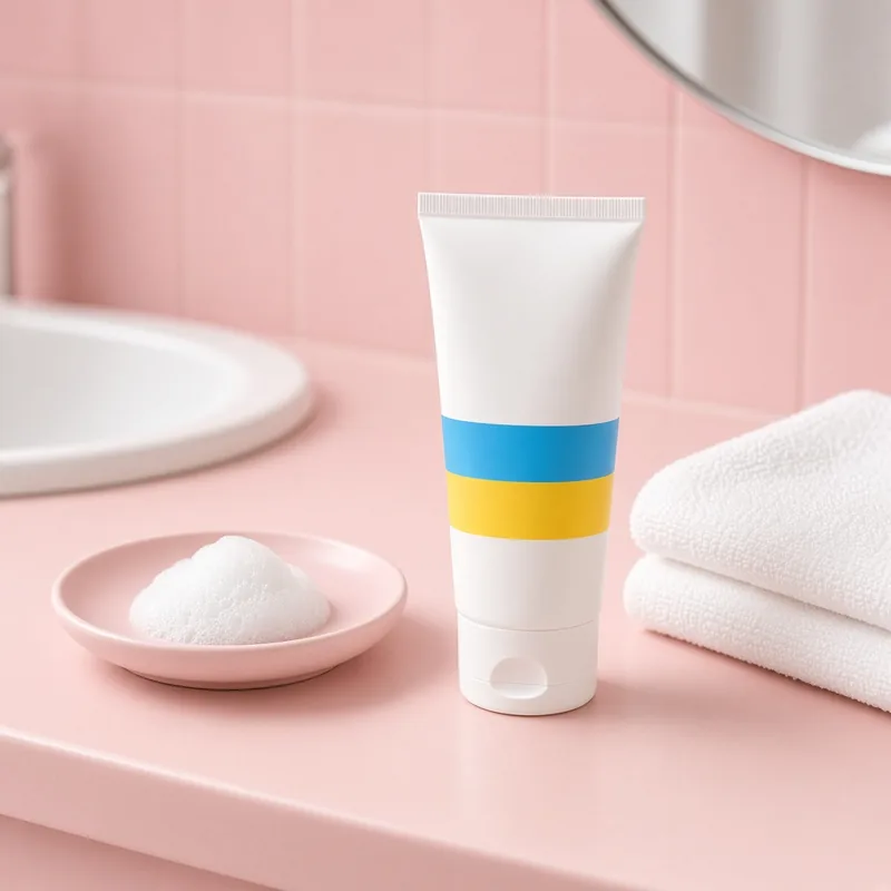 Illustration of a white squeeze tube of gel face cleanser with a blue and yellow band, beside a dish of foam