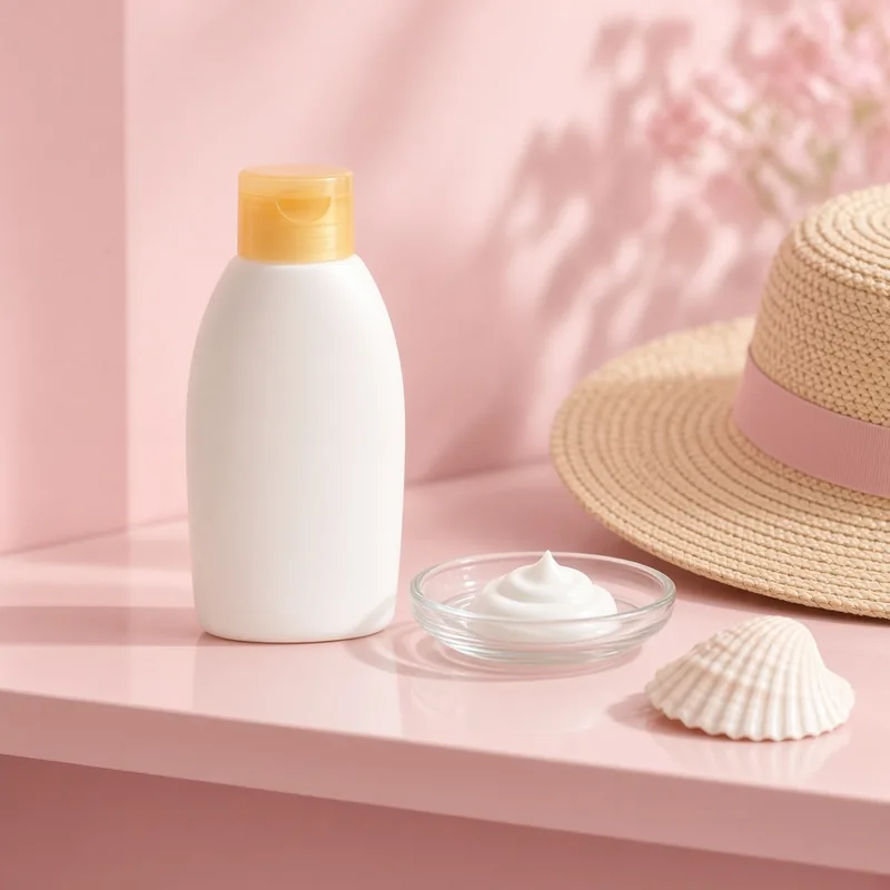 Illustration of a white bottle of sunscreen milk with a yellow cap, beside a sun hat and a shell