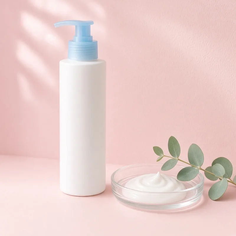 Illustration of a white pump bottle of gentle hydrating cream cleanser, beside a dish of cream and eucalyptus