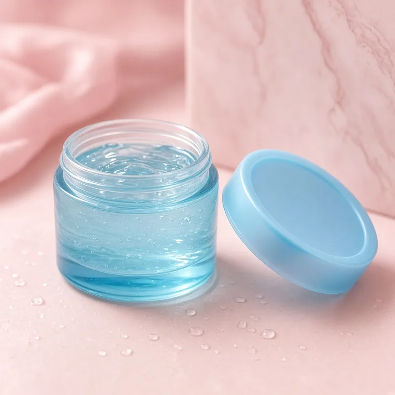 Illustration of a clear blue jar of water gel moisturizer with its lid set beside it