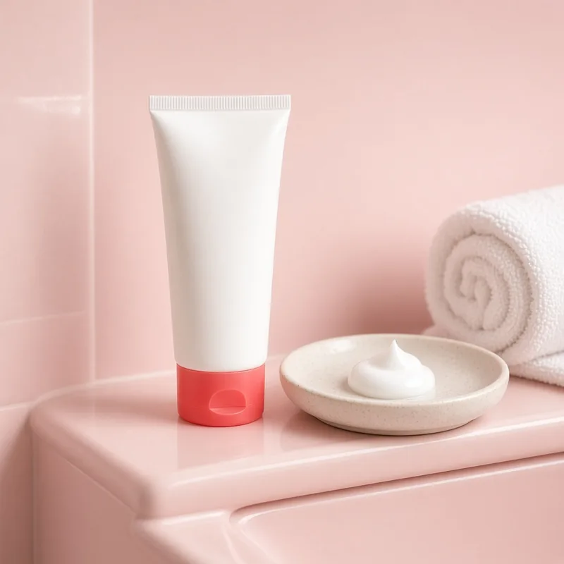 Illustration of a white squeeze tube of acne cream wash with a red cap, beside a dish of cleanser