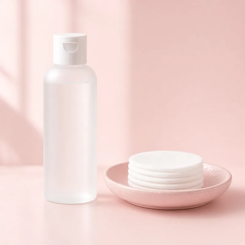Illustration of a frosted bottle of liquid exfoliant beside a dish of cotton pads