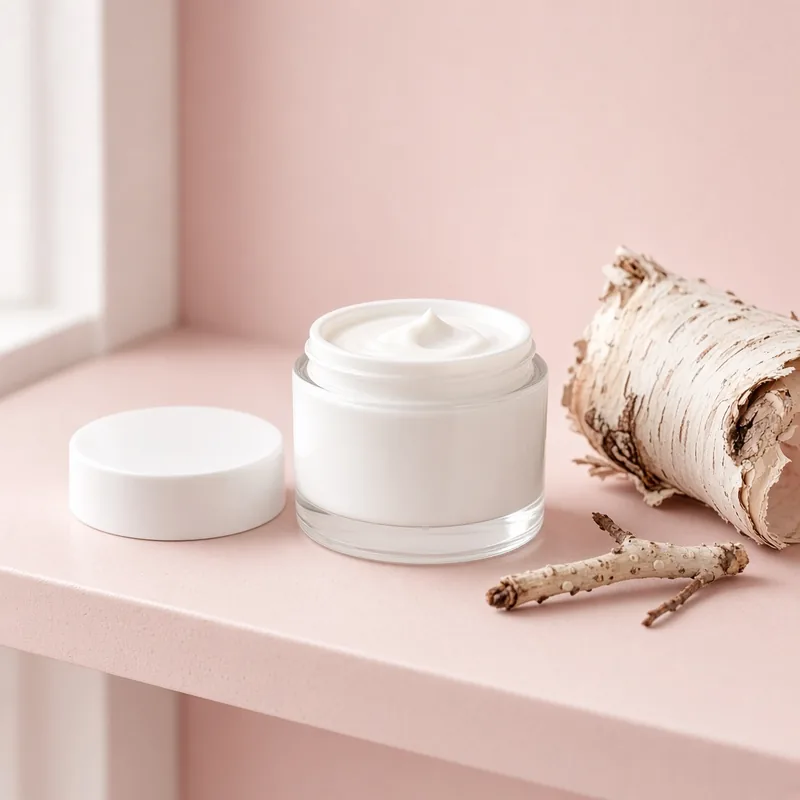 Illustration of a white jar of moisturizing cream with its lid off, beside birch bark