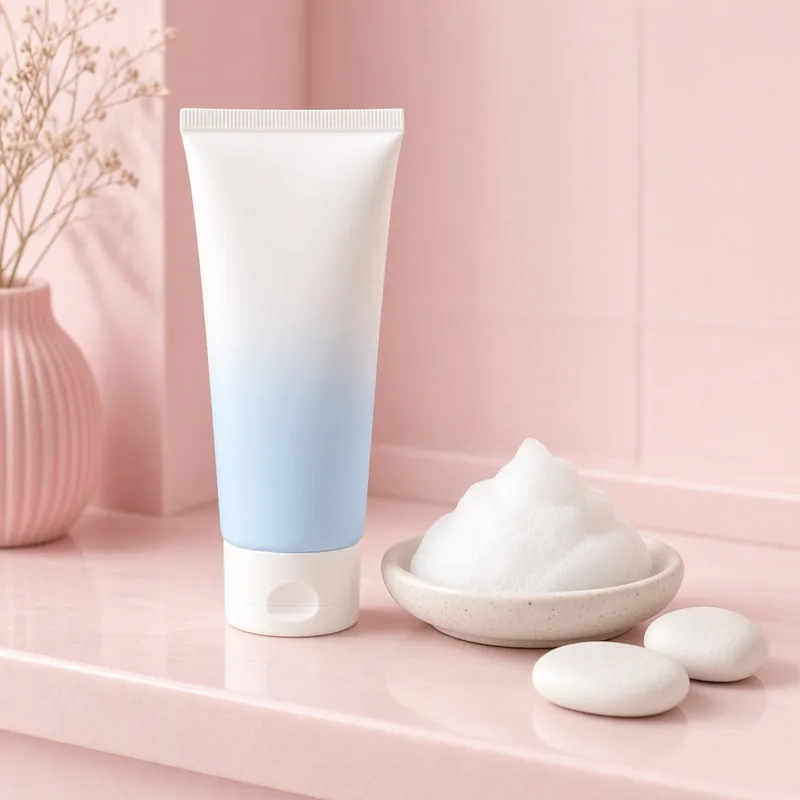 Illustration of a white and pale blue tube of foam face cleanser beside a dish of foam and pebbles