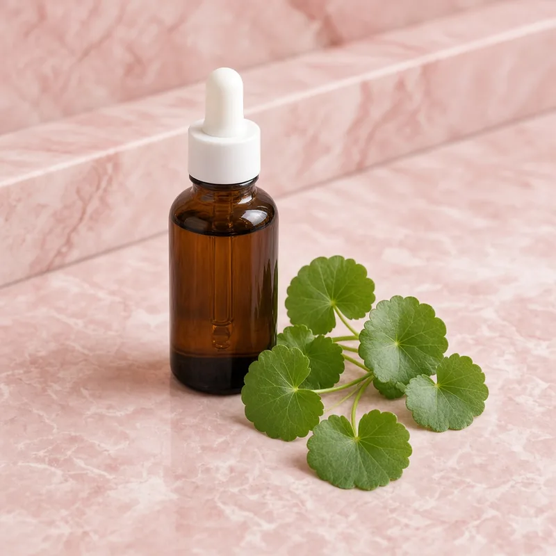 Illustration of an amber glass dropper bottle of centella ampoule beside fresh centella leaves