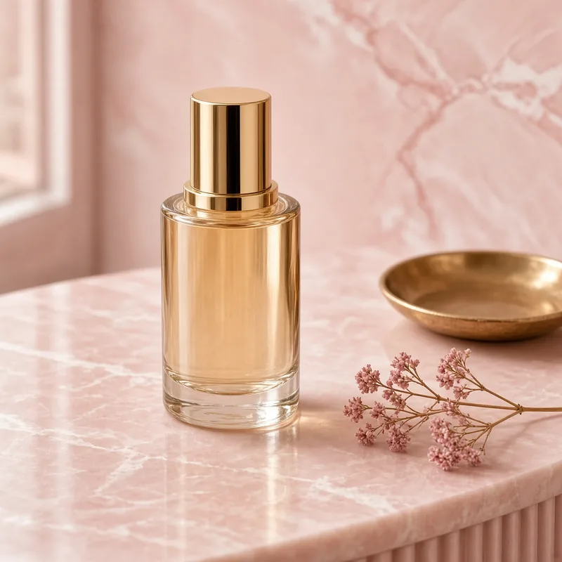 Illustration of a golden glass bottle of face serum with a gold cap on pink marble