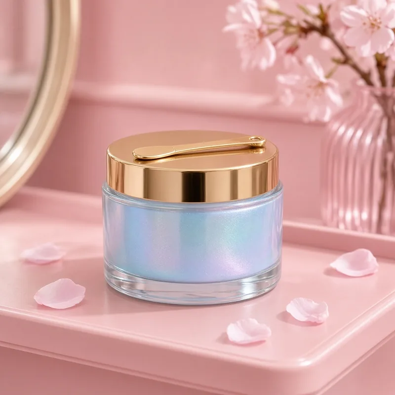 Illustration of a shimmery powder-blue jar of gel moisturizer with a gold lid and gold spatula, beside cherry blossoms