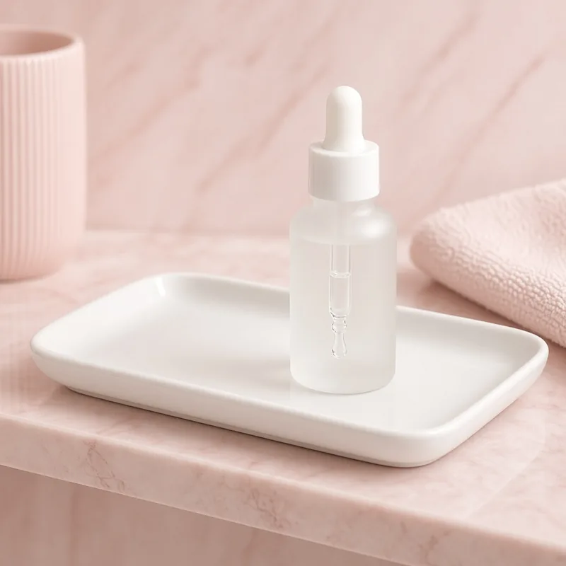 Illustration of a small frosted glass dropper bottle of niacinamide serum on a white tray