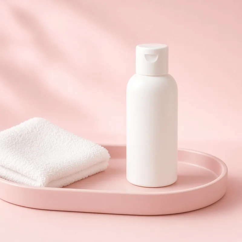 Illustration of a plain white bottle of gentle facial cleanser on a pink tray with a towel