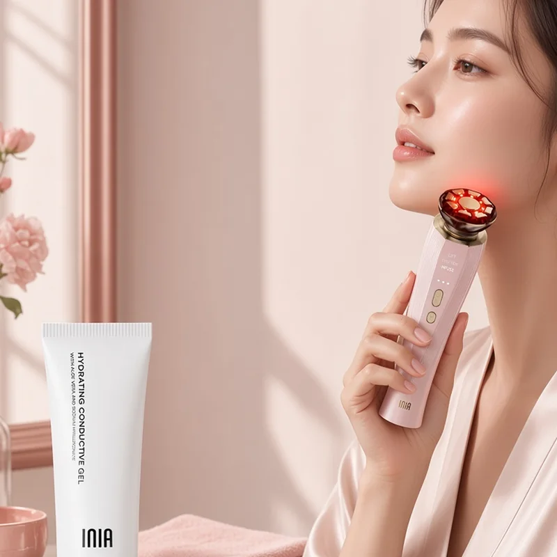 Illustration of a woman at a blush pink vanity gliding the pink INIA FLARE microcurrent device with its glowing red head along her jaw, with the INIA Hydrating Conductive Gel tube beside her, based on the real product.