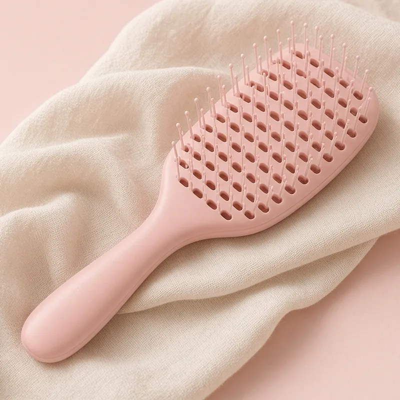 Illustration of a pink detangling hair brush on a cream towel