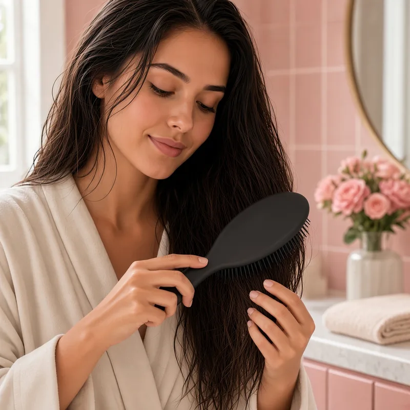 Illustration of a woman in a cream robe brushing her long damp dark hair with a black Wet Brush Original detangler at a blush pink tiled vanity beside pink roses