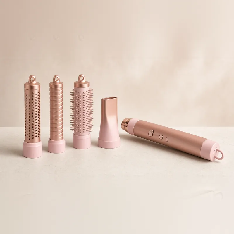 Illustration of a rose gold hair multi-styler wand with curling barrels, brush and nozzle attachments