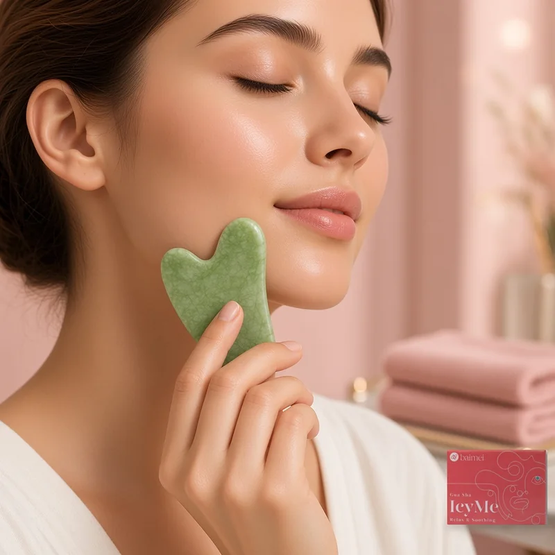 Illustration of a woman using the green BAIMEI jade gua sha on her jaw, with the real BAIMEI IcyMe box on the vanity.