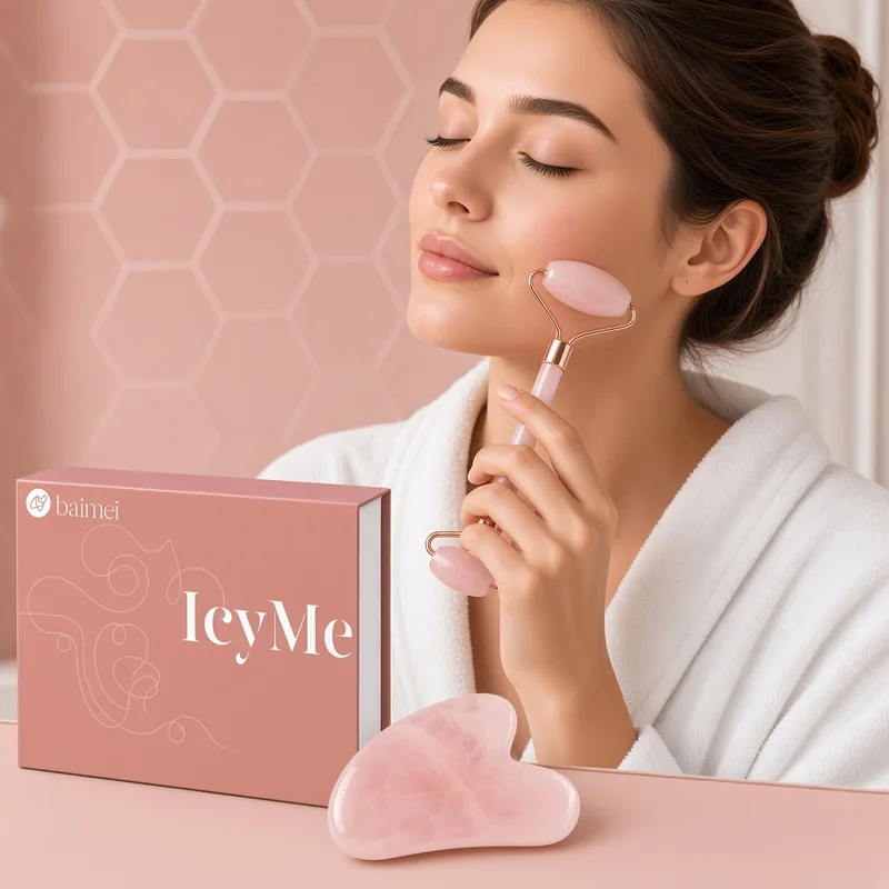 Illustration of a woman rolling the BAIMEI rose quartz face roller on her cheek, with the pink BAIMEI IcyMe box and rose quartz gua sha on the vanity, based on the real product.
