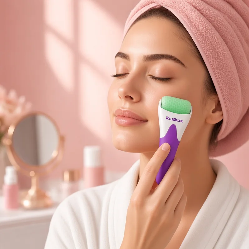 Illustration of a woman rolling the purple-handled ESARORA ice roller with its ICE ROLLER print across her cheek at a blush pink vanity, based on the real product.