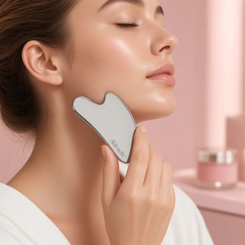 Illustration of a woman gliding the Kitsch stainless steel gua sha along her jawline at a blush pink vanity, based on the real product.