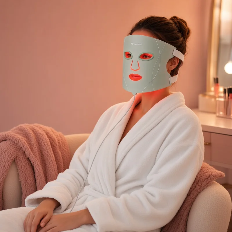 Illustration of a woman relaxing in a robe while wearing the sage grey Nanoleaf LED face mask, based on the real product.