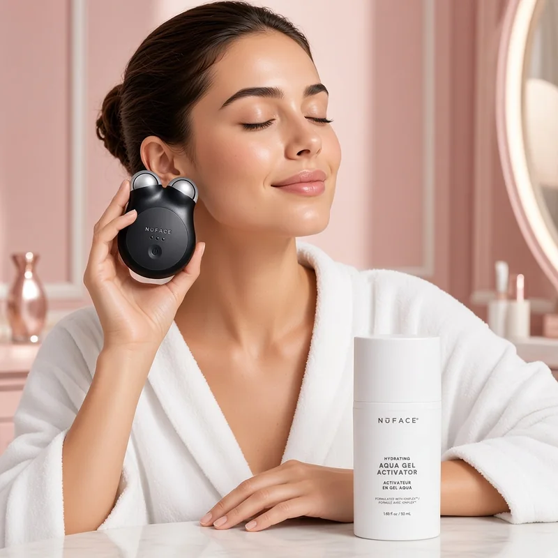 Illustration of a woman gliding the black NuFACE MINI+ along her jaw with the NuFACE activator gel on the vanity, based on the real product.
