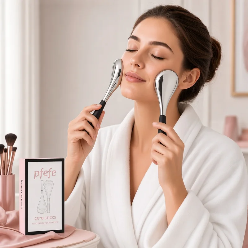 Illustration of a woman pressing the black-handled pfefe cryo sticks with large steel teardrop heads to both cheeks, with the pfefe Cryo Sticks box on the vanity, based on the real product.