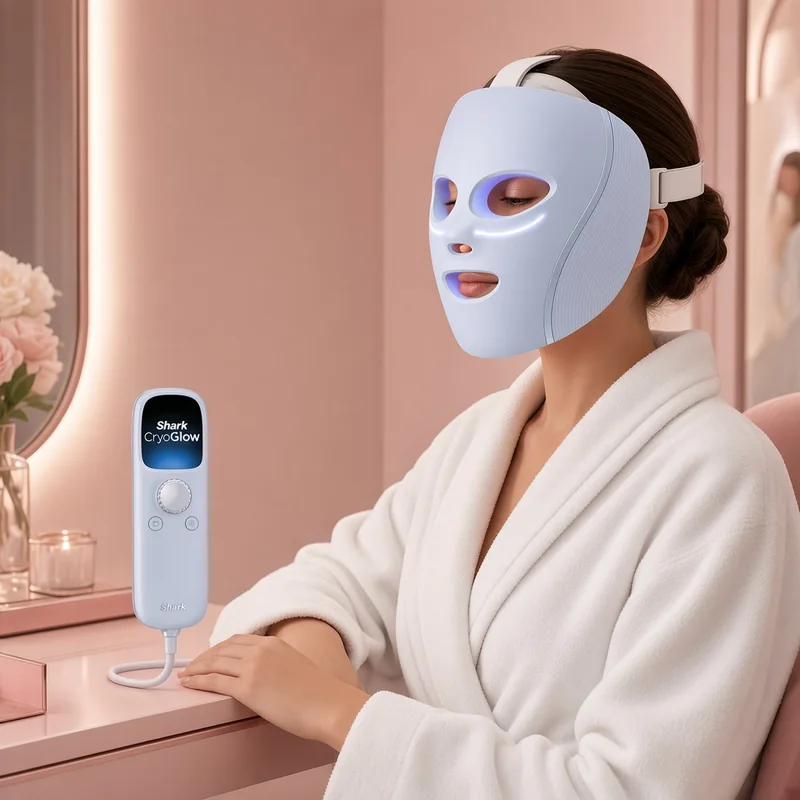 Illustration of a woman at a pink vanity wearing the icy blue-white Shark CryoGlow Blue Frost LED face mask, with its Shark CryoGlow controller beside her, based on the real product.