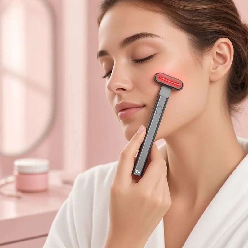 Illustration of a woman gliding the charcoal Solawave 4-in-1 wand with its red light along her cheekbone, based on the real product.