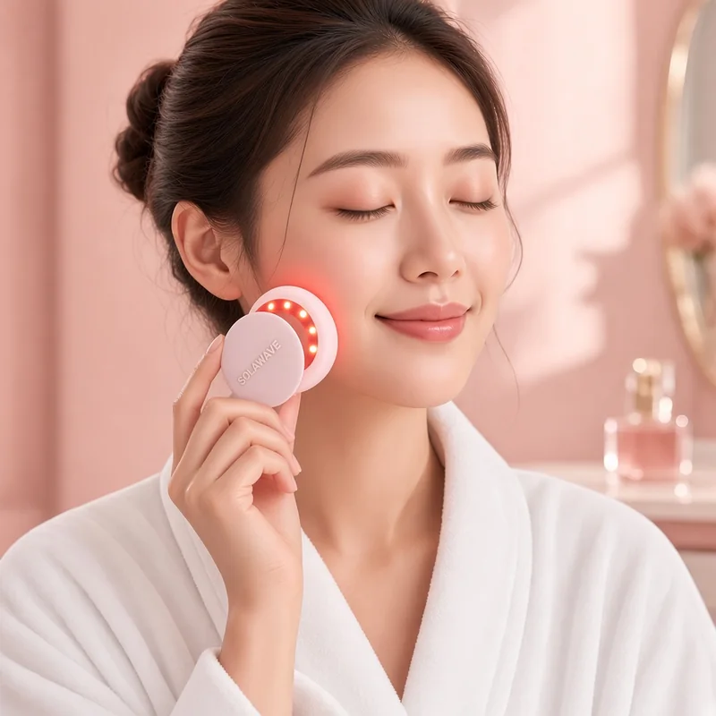Illustration of a woman holding the pink Solawave Skincare Mini to her cheek, its grip disc showing the debossed SOLAWAVE mark, based on the real product.