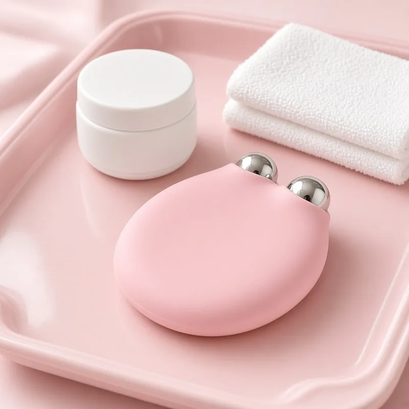 Illustration of a pink rounded microcurrent facial device with two silver spheres on a pink tray