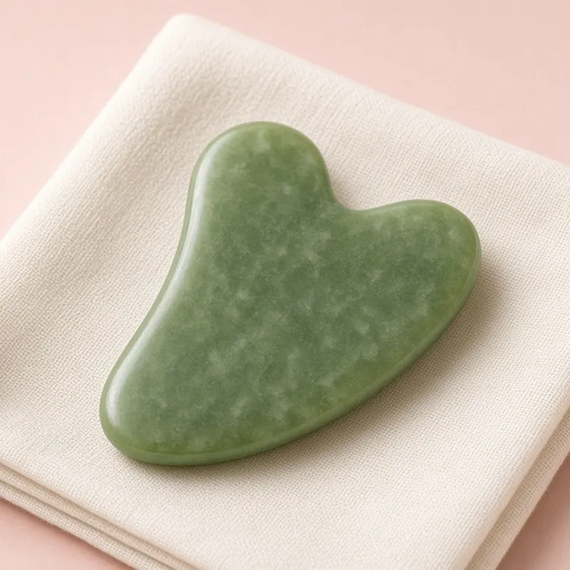 Illustration of a green jade gua sha stone resting on a folded cream towel