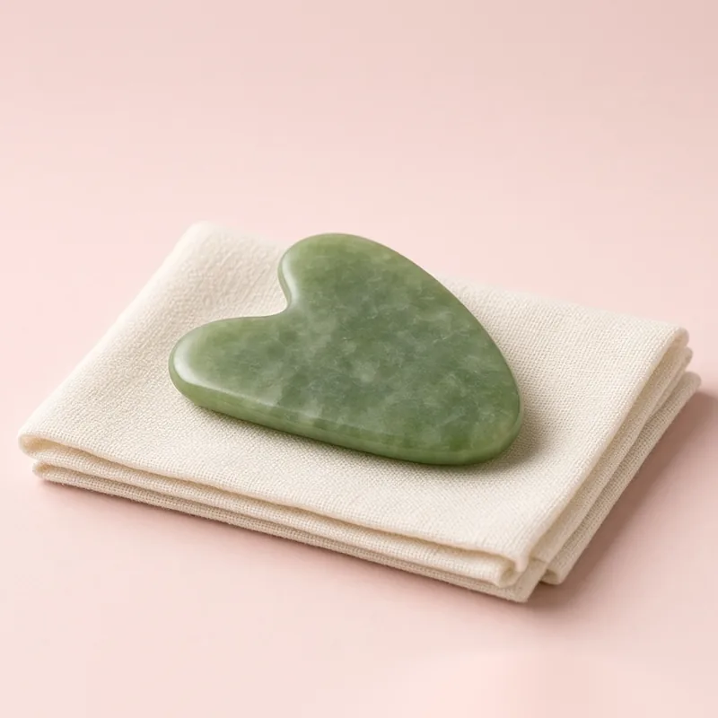 Illustration of a green jade gua sha stone on a folded cream cloth