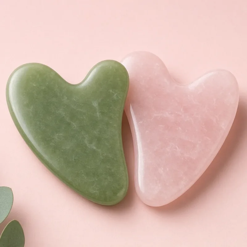 Illustration of a green jade gua sha and a pink rose quartz gua sha side by side