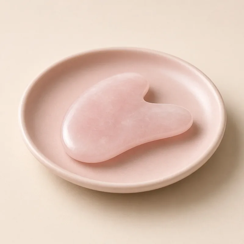 Illustration of a pink rose quartz gua sha stone on a blush dish