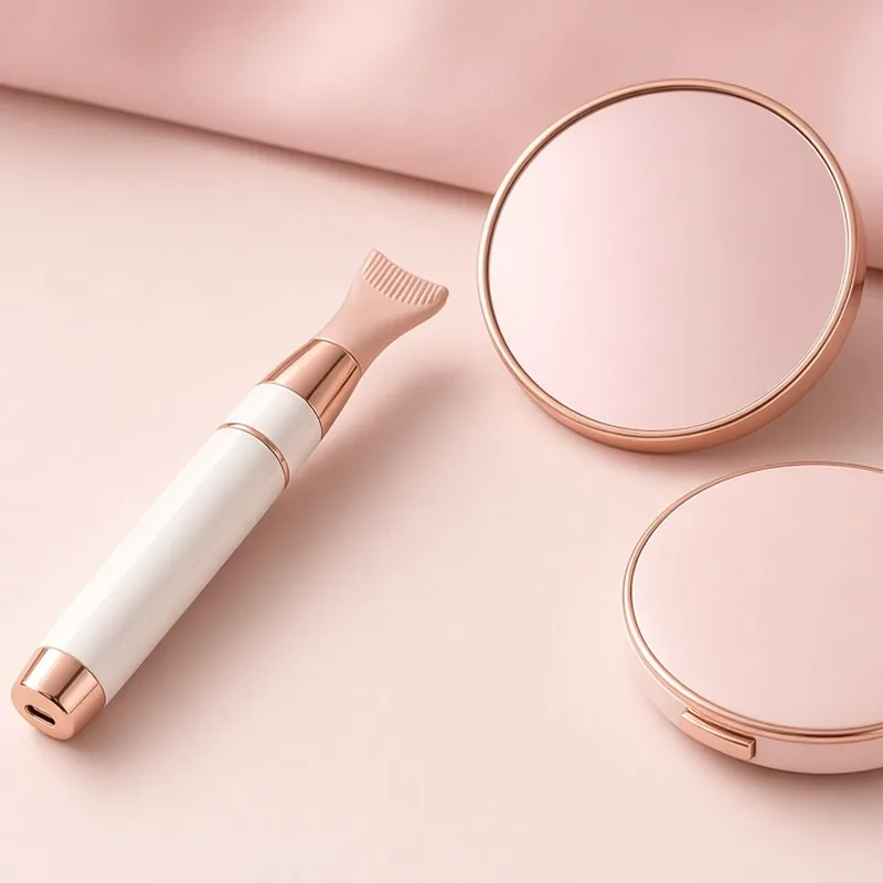 Illustration of a white and rose gold heated eyelash curler wand next to pink compacts