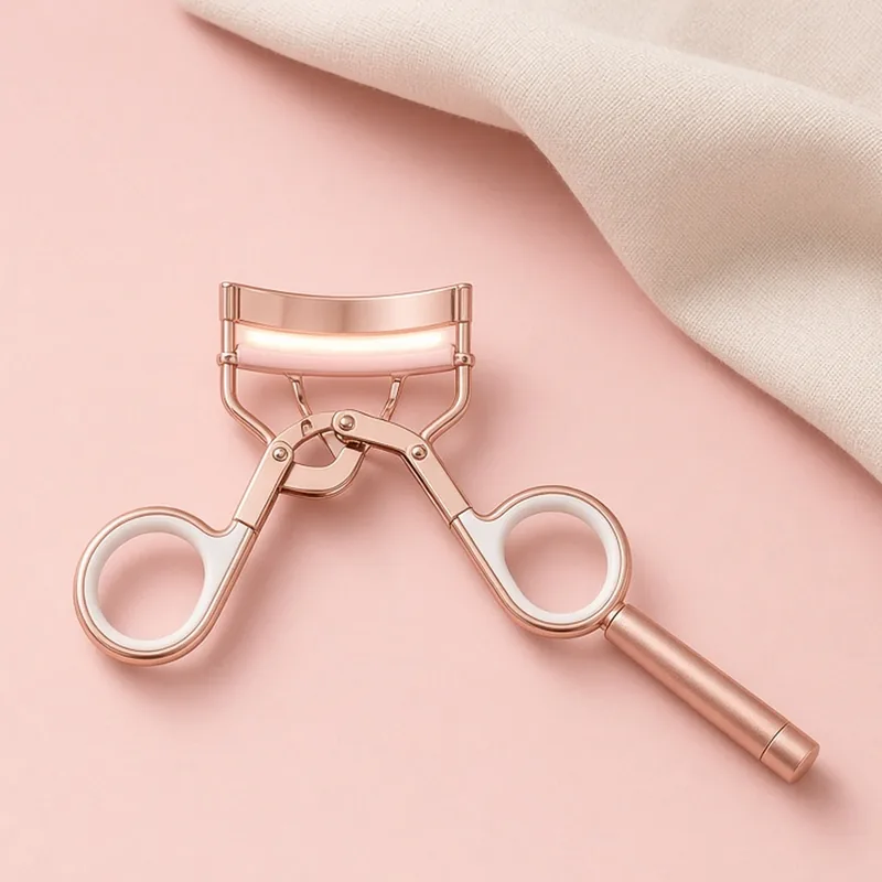 Illustration of a rose gold clamp-style heated eyelash curler with a pink heated pad