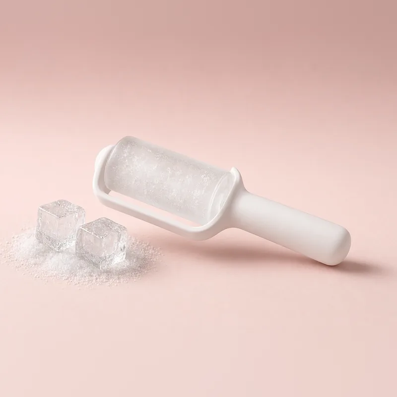Illustration of a white ice roller next to ice cubes on a blush backdrop