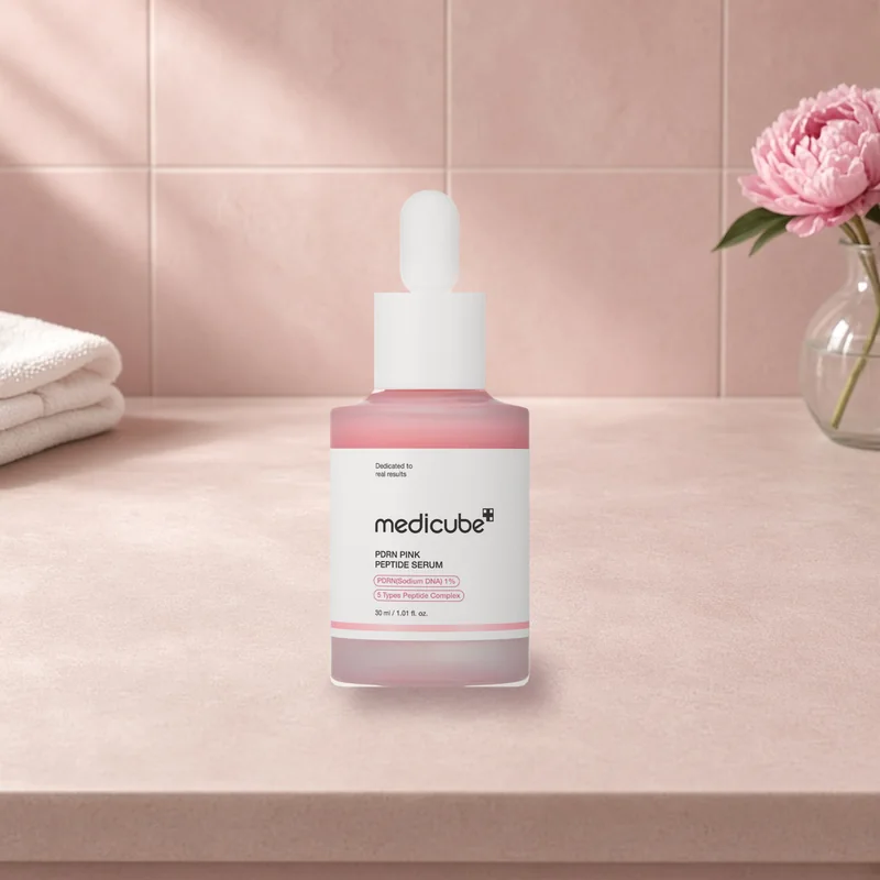 The medicube PDRN Pink Peptide Serum dropper bottle on a blush tiled vanity beside a pink peony and a folded white towel