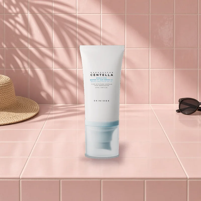 The SKIN1004 Hyalu-Cica Water-Fit Sun Serum UV tube on a sunny blush tiled vanity beside a straw sun hat and sunglasses