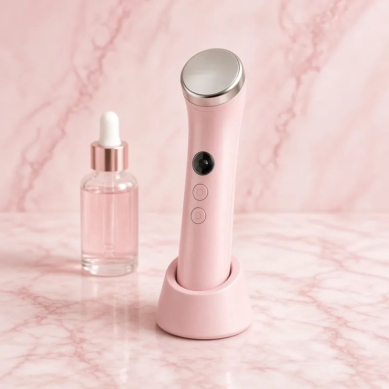 Illustration of a pink handheld multi-mode facial device with a round silver head in its stand