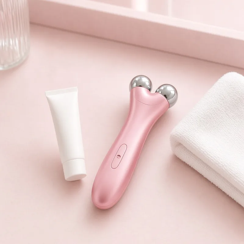 Illustration of a rose pink handheld microcurrent device with two silver spheres beside a tube of gel