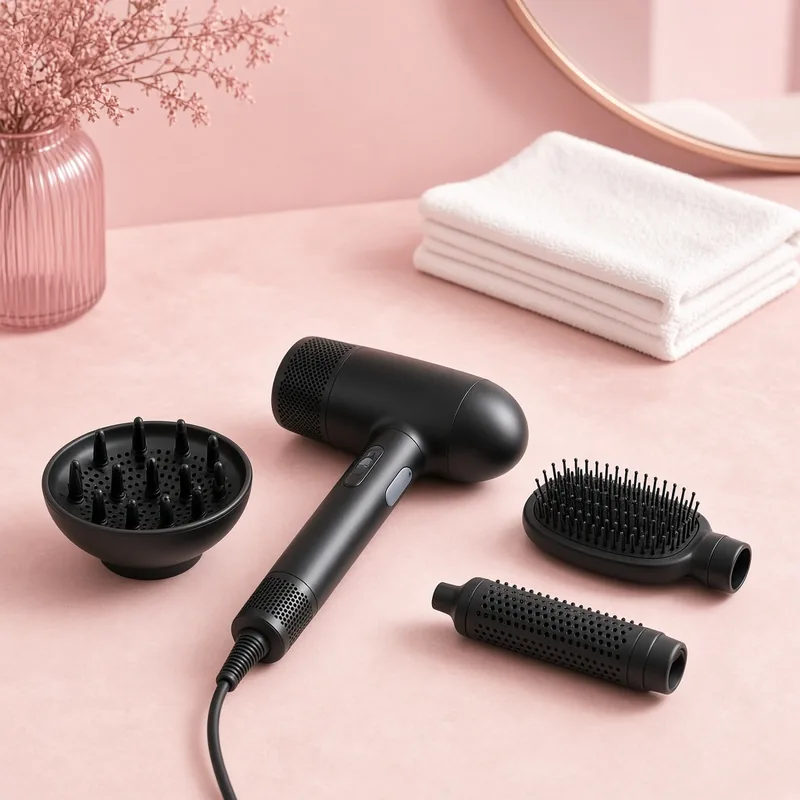 Illustration of a black hair multi-styler with a diffuser, a curling barrel and a brush attachment