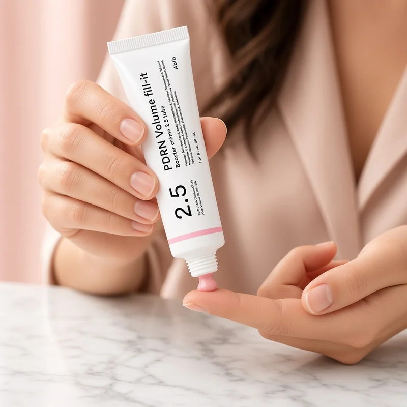 Illustration of hands squeezing a small amount of pink cream from a white Abib PDRN fill-it Booster Creme 2.5 tube onto a fingertip over a marble counter.