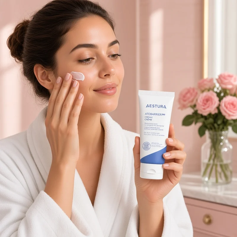 Illustration of a woman in a white robe holding a white and blue AESTURA ATOBARRIER365 Cream tube and smoothing white cream onto her cheek with her fingertips.
