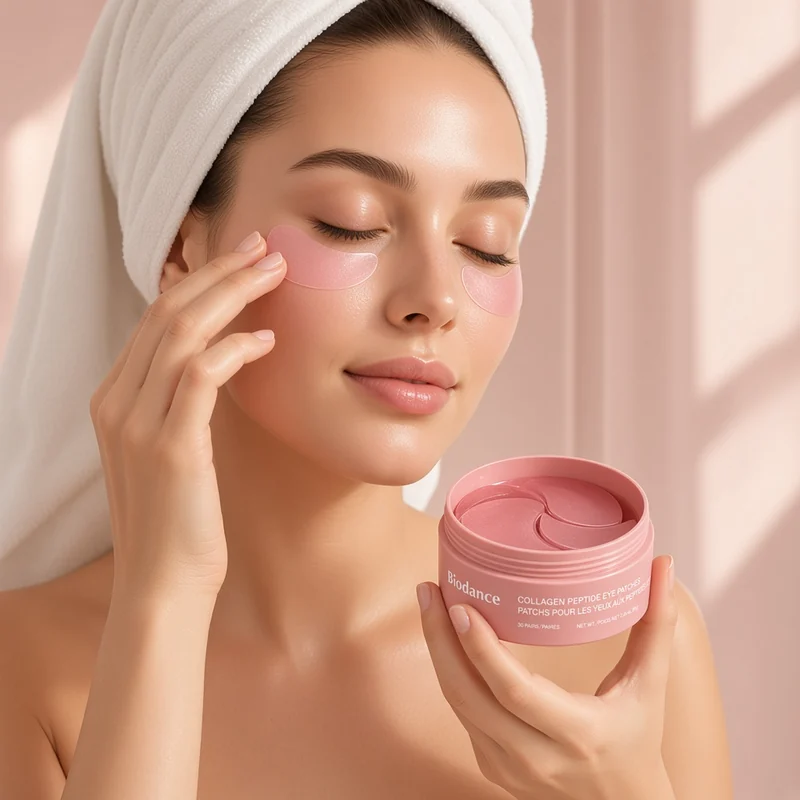 Illustration of a woman in a towel turban holding an open pink BIODANCE Collagen Peptide Eye Patch jar and pressing a pink hydrogel patch onto the skin under her eye.