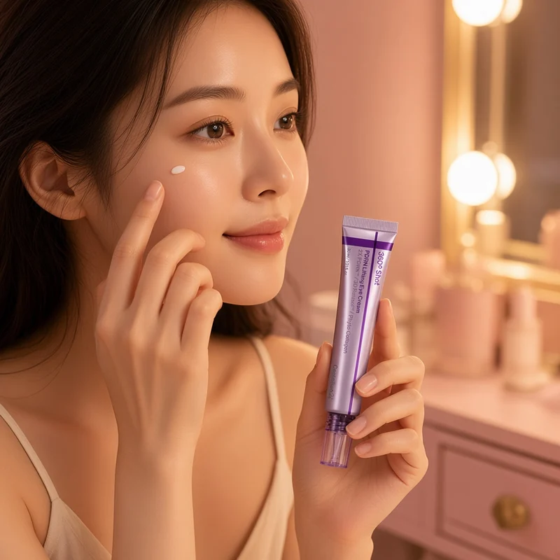 Illustration of a woman at a pink vanity holding a purple CENTELLIAN 24 360 Shot eye cream tube and tapping a small dot of cream below her eye with one finger.